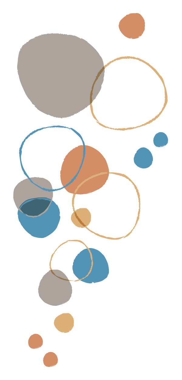 Colorful abstract design featuring various shapes and circles in shades of blue, orange, and gray against a black background.