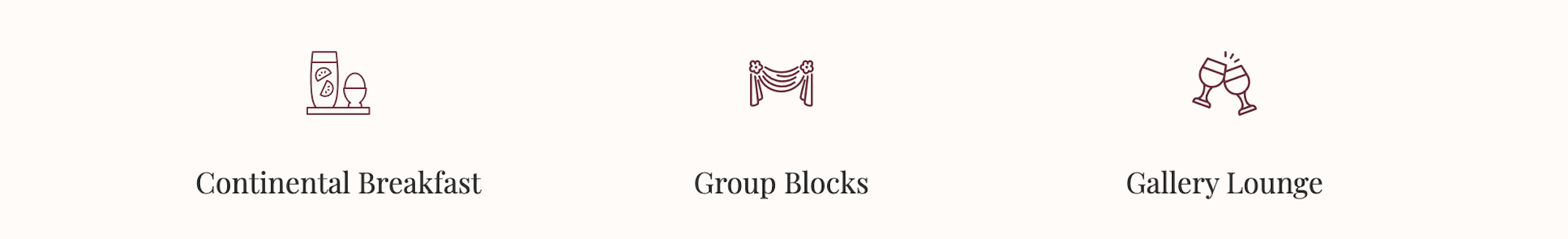 Icons representing continental breakfast, group blocks, and a gallery lounge.
