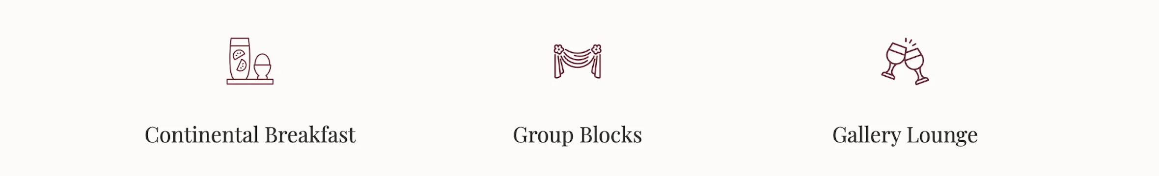 Icons representing continental breakfast, group blocks, and a gallery lounge.