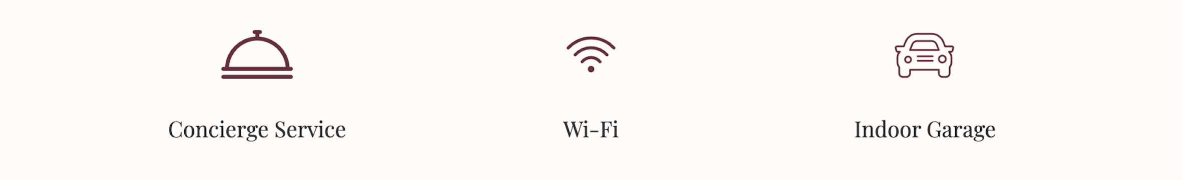 Icons representing concierge service, Wi-Fi, and indoor garage amenities.