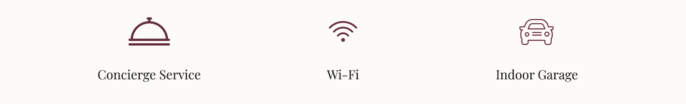 Icons representing concierge service, Wi-Fi, and indoor garage amenities